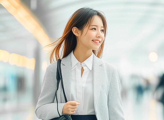 明るい雰囲気の中、笑顔で歩く女性。健康的で前向きな印象のイメージ写真。