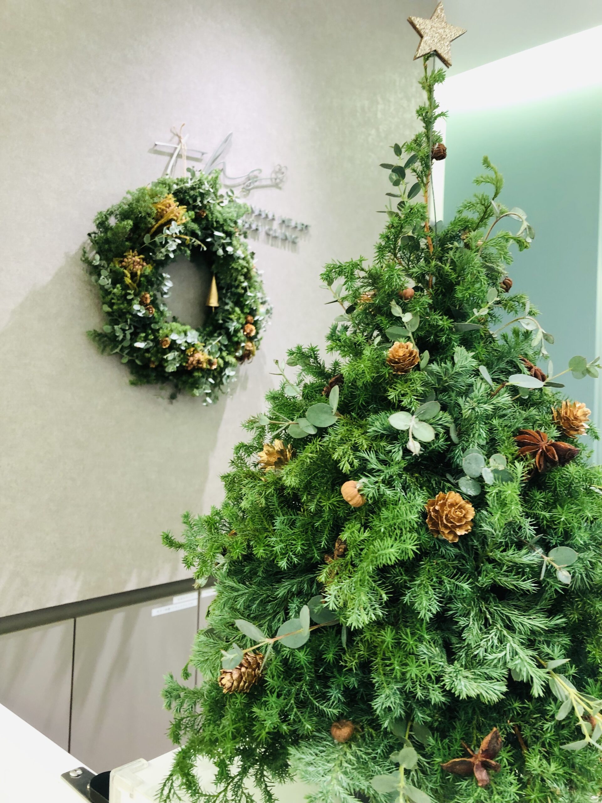 豊中駅前さかい内科・循環器クリニック 受付に飾られた、クリスマスリースとクリスマスツリー